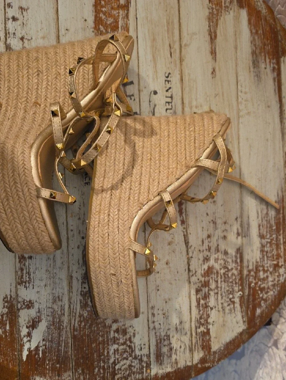 Gold Studded Espadrille Wedge Sandals - Women
